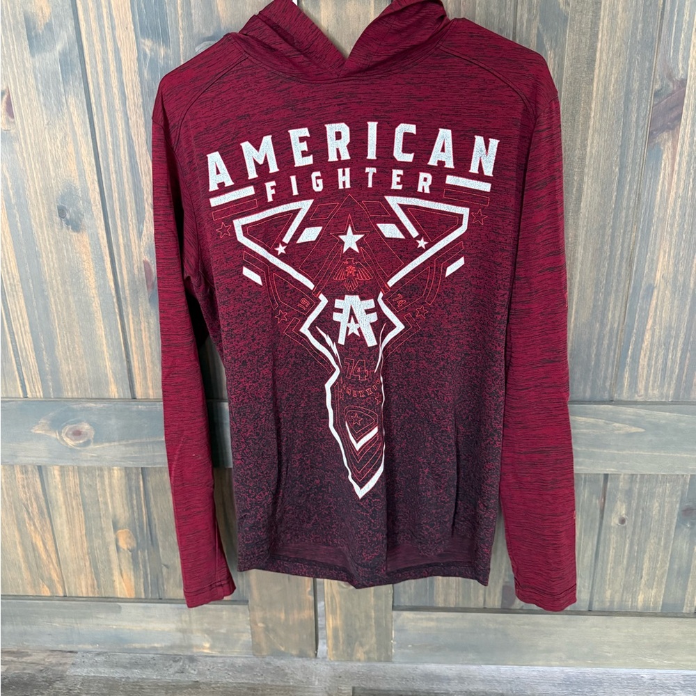 American Fighter Maroon and Black Hoodie small hole in the sleeve. Size Medium